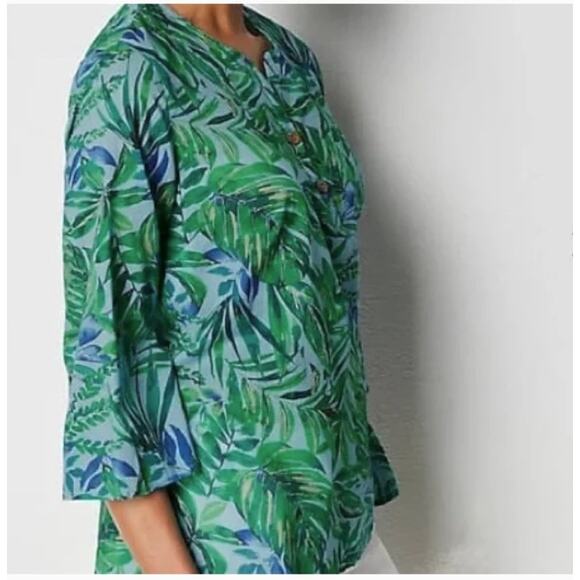 J. Jill Tropical Shirred Toile Top Womens Medium Petite Blue Green Oversized - Picture 11 of 11